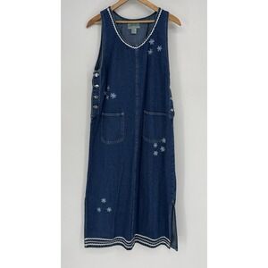 VTG Denim Jumper Maxi Dress Women Sz S Cottage Country Dainty Floral Embroidered